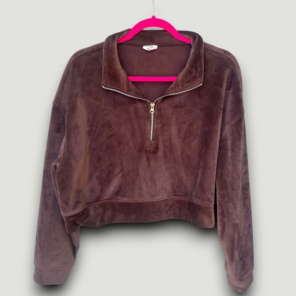 House of Mae Pullover Women M Mauve Cropped Corduroy Quarter-Zip Cozy Retro